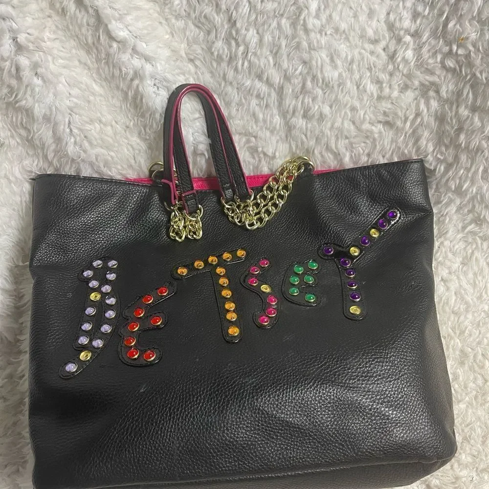 Betsey Johnson jewels large black synthetic leather tote gold tone chain straps